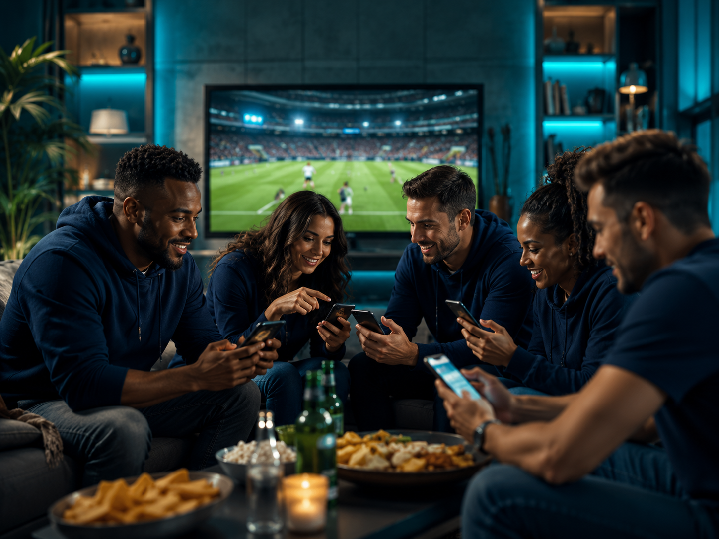 Friends comparing a fantasy football league on phones