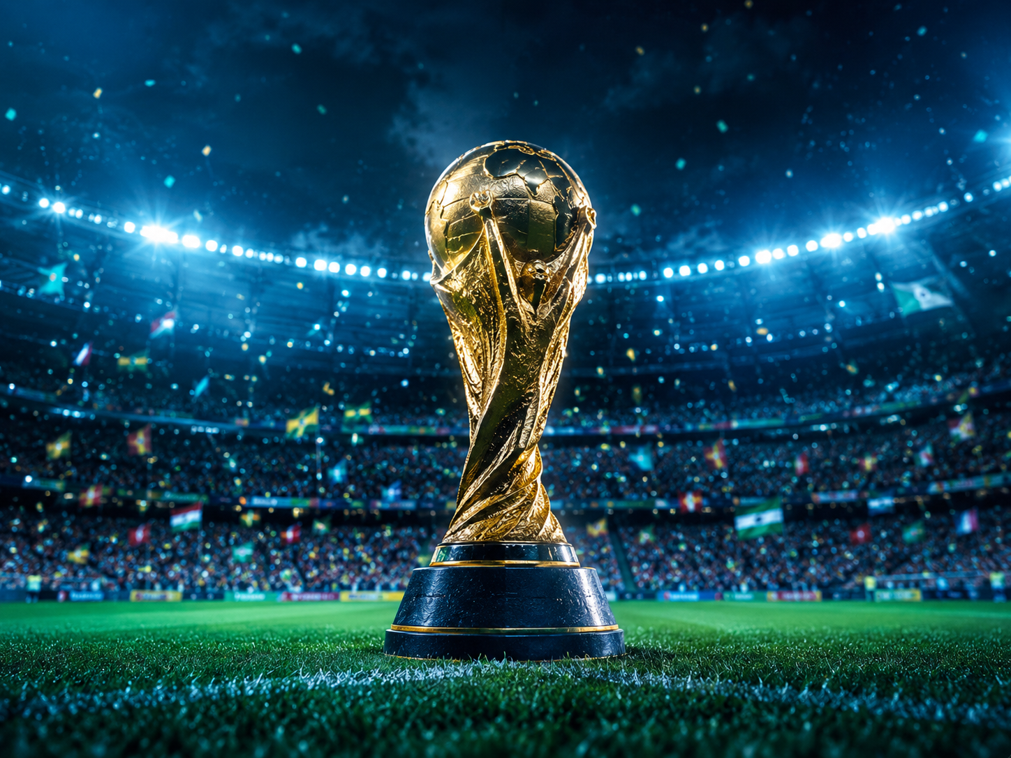 World Cup trophy on a football pitch under stadium lights