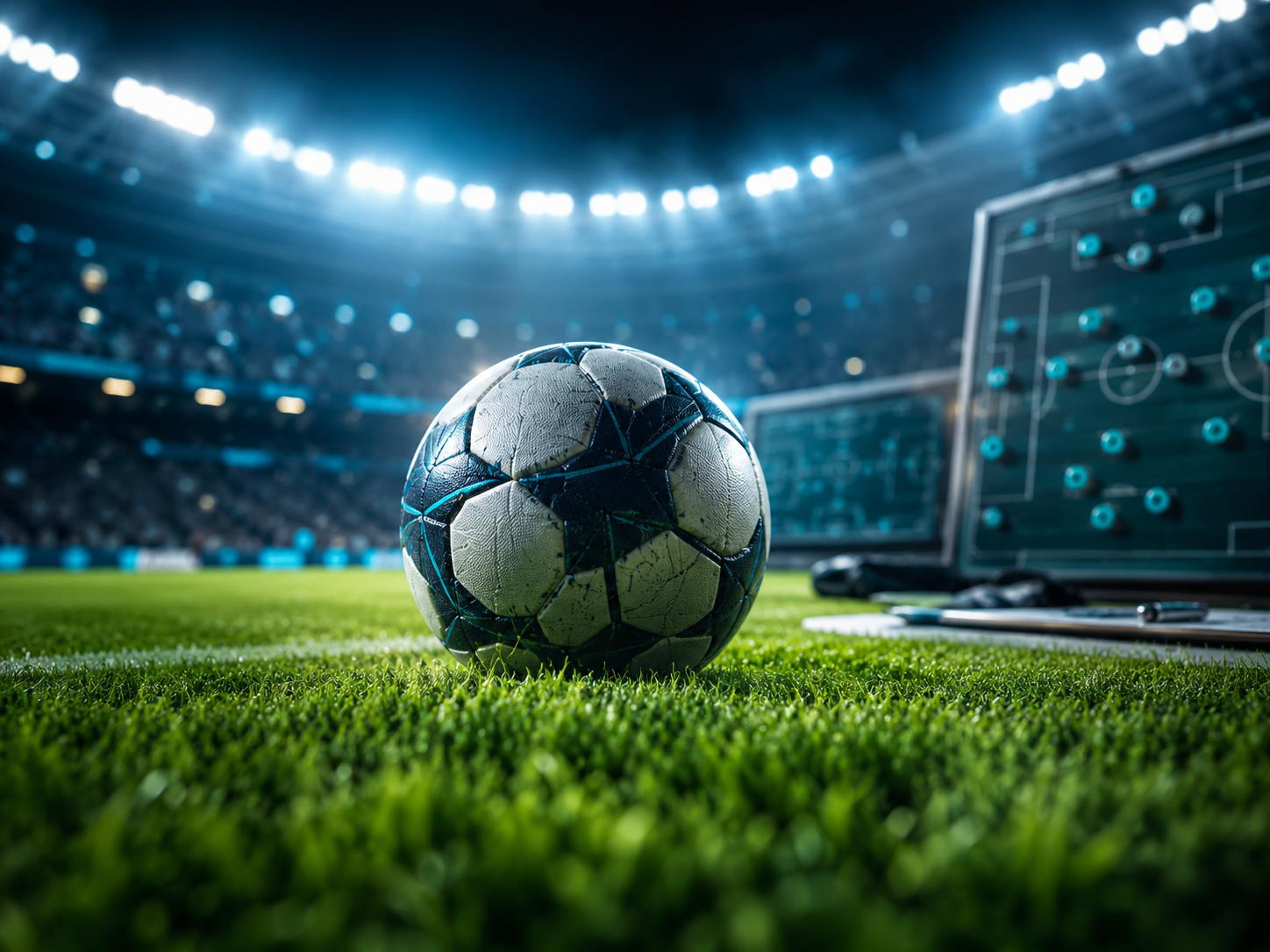 A realistic football strategy board with World Cup notes and a phone app